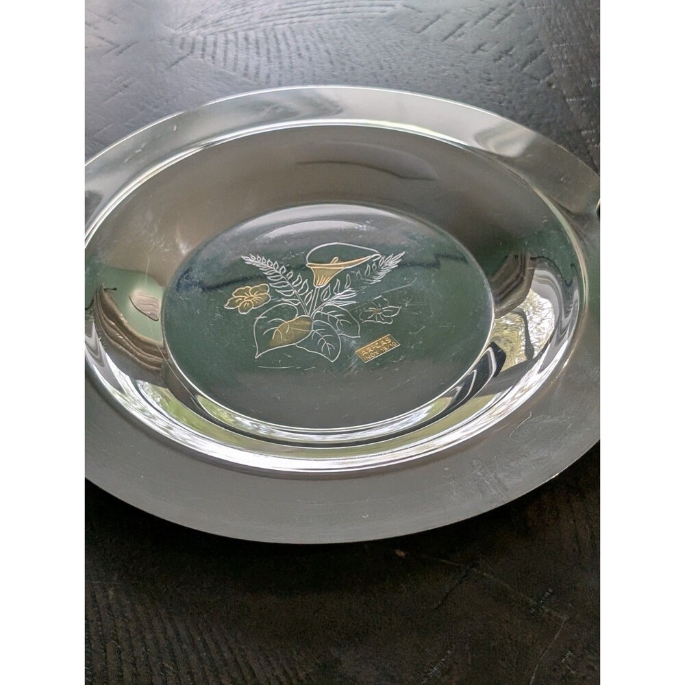 Serving Bowl Charger Dish Shiny Mirrored Floral Design w Gold Tone Handle (2) - Picture 4 of 11